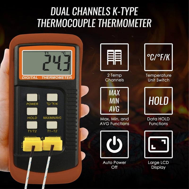 DANOPLUS Digital K Type Thermometer with 4 Thermocouples, Dual Channels Thermocouple Tester with MAX/MIN/AVG Temperature Measurement (-501300C) - Image 2